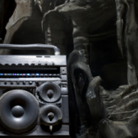 A boombox reflecting the surroundings in a cave, Painting by H.R. Giger, Closeup
